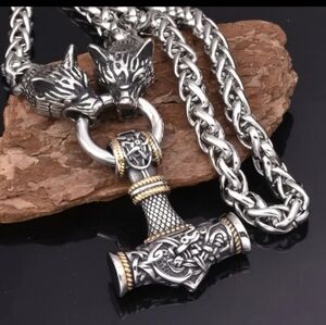 Wolf Head Mjolnir Thor Hammer Pendant Steel Necklace Viking Celtic Norse